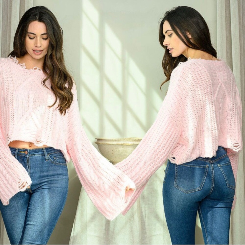 Women’s amazingly soft long bell sleeve distressed pink comfy sweater